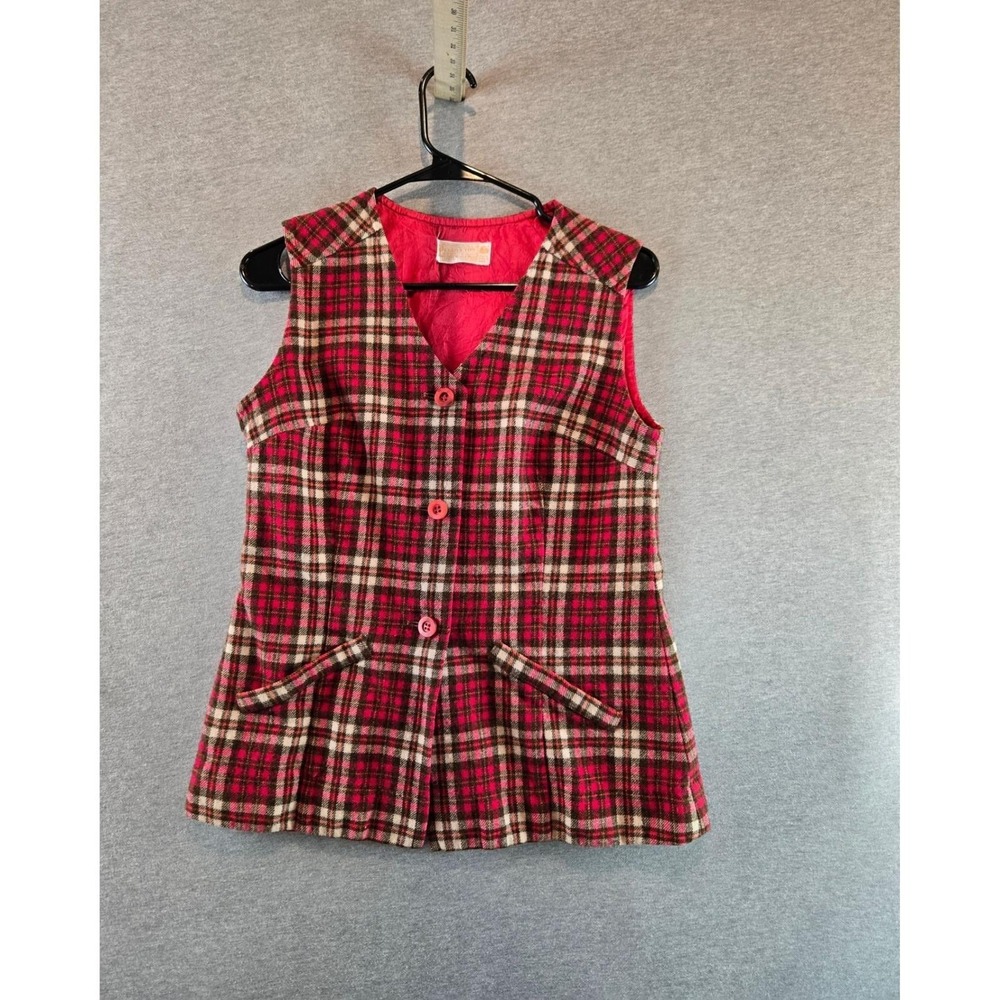Vintage Pendleton Plaid Vest Women 12 Red Brown 100% Virgin Wool 70s V-Neck